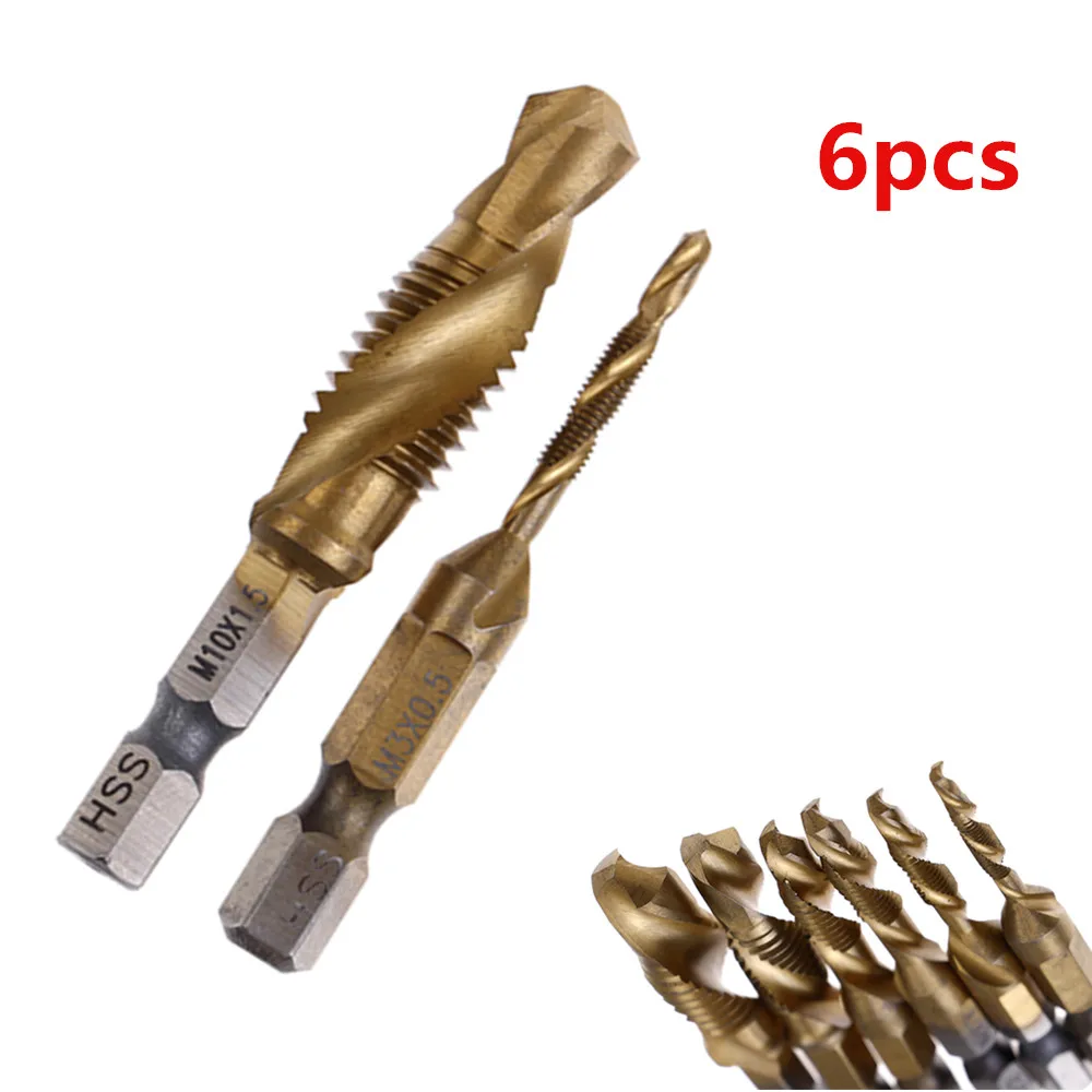 6pcs/lot High Quality Hex Shank Titanium Plated Screw Thread Drill Bits