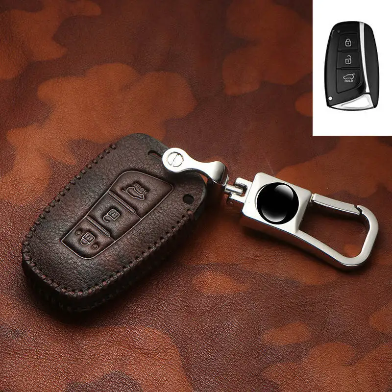 

Genuine Leather Car Key Cover Case Chain For Hyundai Grand Santa Fe IX45 2013 2014 2015 2016 key Case Accessories