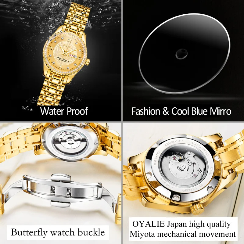 OYALIE Япония высококачественное изображение механический автоматический дата золотые женские часы модное платье Стразы Серебряные женские часы