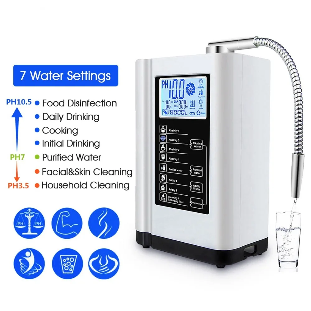 

PH3.5-10.5 7 Water Settings 6000 Liters Water Ionizer&Purifier Touch Control Alkaline Acid Machine Auto-Cleaning Water Treatment