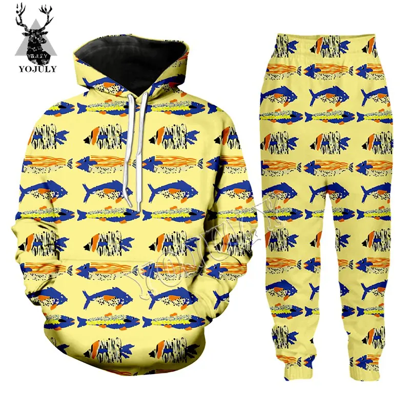 Hoodie YOJULY Fish/набор желтых футболок унисекс с 3D принтом, Женская Повседневная Толстовка с круглым вырезом/пуловер, Мужская футболка/толстовка/шорты, одежда Y58 - Color: Hoodie