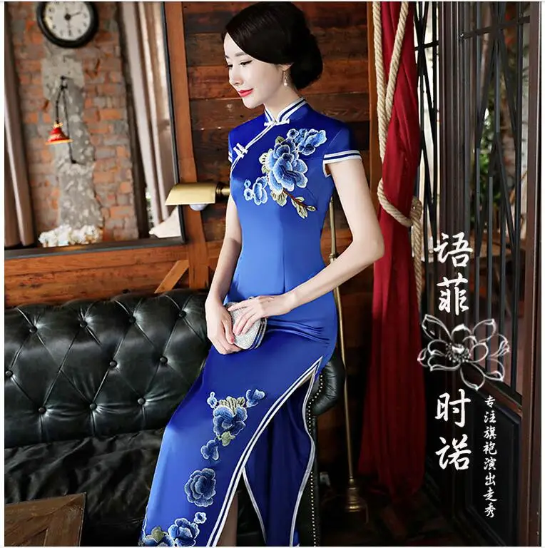 Красный китайский Для женщин атлас Cheongsam элегантный Китай Oriental Платья для женщин сценические костюмы