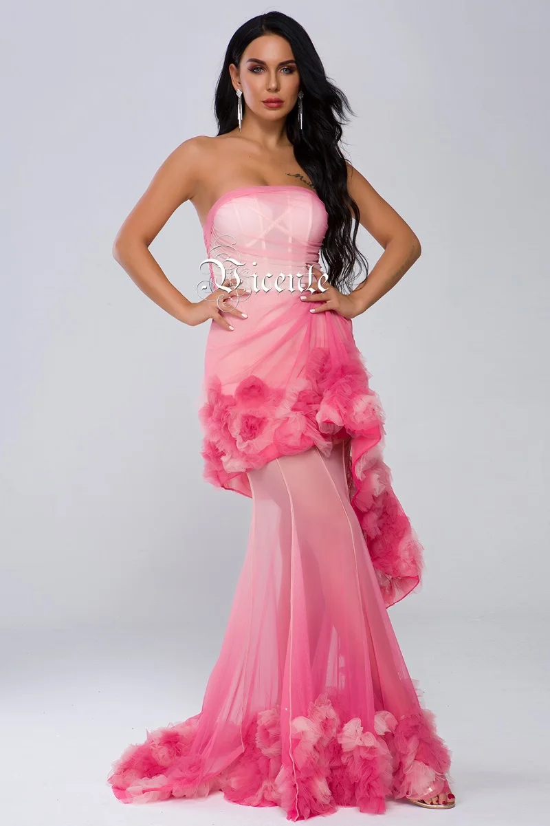 VC Hot New Chic Floral Ruffles Design Sexy Strapless Sleeveless Celebrity Party Mesh Long Dress