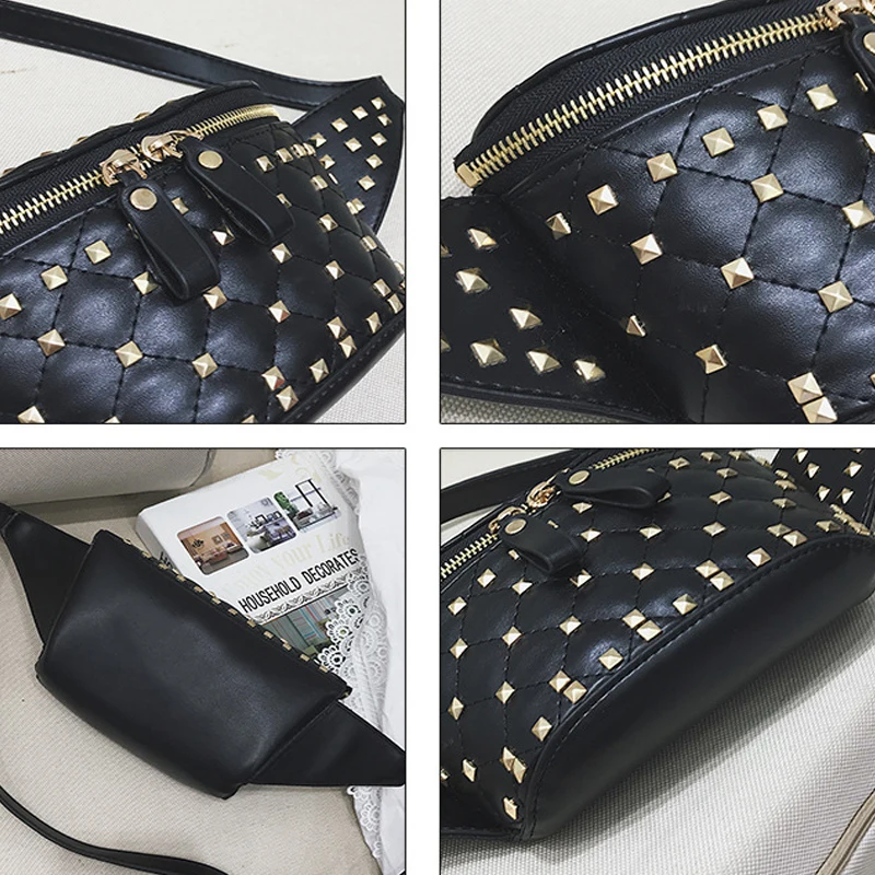 الأزياء المسامير الخصر حقيبة أزياء حزمة مراوح المرأة الخصر حزمة PU Crossbody حقيبة المرأة الملابس حزام أكياس الهاتف محفظة