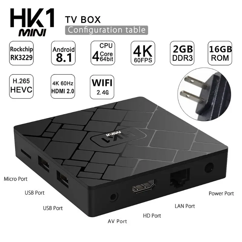 1 комплект HK1 Мини Android 8,1 RK3229 2 ГБ+ 16 Гб Smart tv Box Четырехъядерный 4 K WiFi видео медиаплеер телеприставка устройство - Цвет: US
