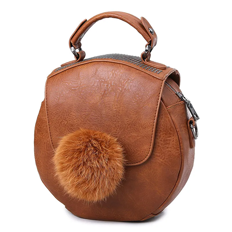 New Retro Small Circular Bag Cute Fur Ball Women Cheap Fashion Hand Bag Vintage Rivet Shoulder