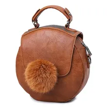 New Retro Small Circular Bag Cute Fur Ball Women Cheap Fashion Hand Bag Vintage Rivet Shoulder