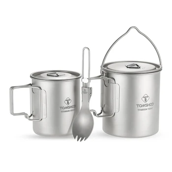 

TOMSHOO Lightweight Titanium Cup 3 Pieces Set Titanium 750ml Pot 450ml Water Cup Mug with Lid Collapsible Handle Folding Spork