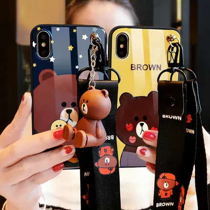 Blue light case for iPhone XS MAX cartoon bear back cover for iPhone X/XS soft silicone phone shell + strap + cute toy kickstand