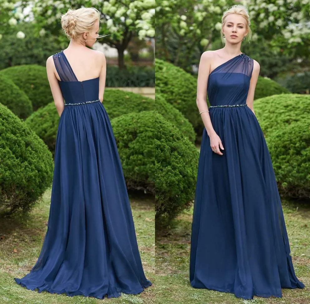 

Robe demoiselle d'honneur One Shoulder Navy Blue Bridemaid Dresses Long 2019 Beaded Prom Dresses Wedding Party Gowns