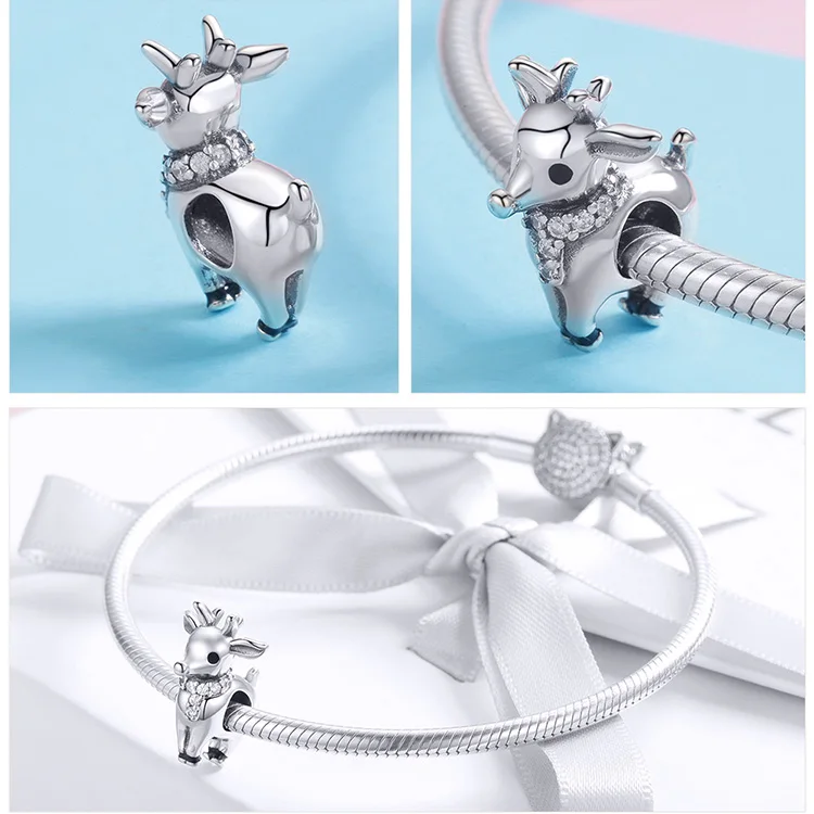 925 Silver fit Pandora Bracelet Pink Zircon Goat Deer Penguin Green Clover Tree Box Beads White&Blue CZ Heart Shell Anchor Charm