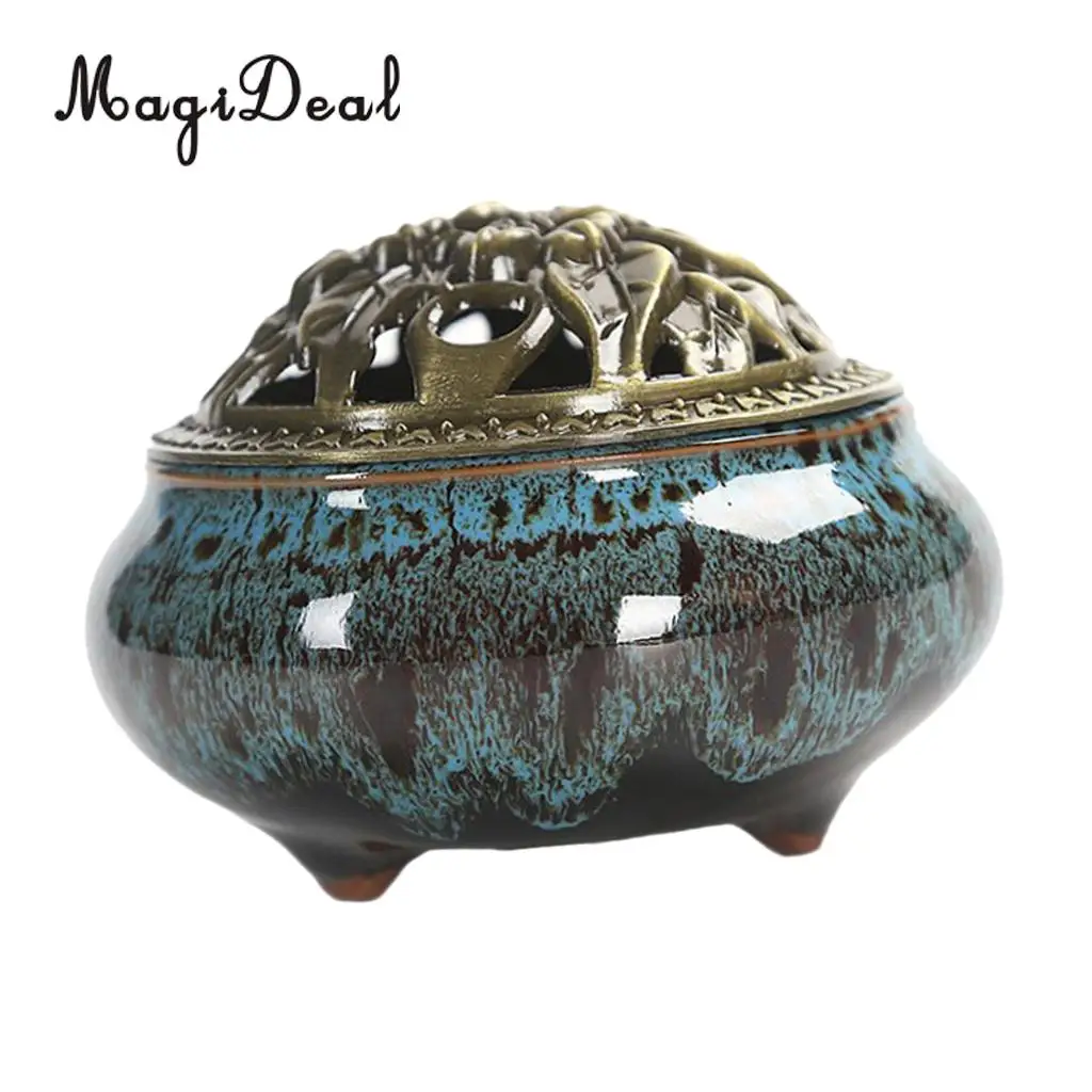2x Ceramic Incense Burner Porcelain Incense Cones Joss Stick Holder Chinese Retro Handmade Censer with Flower Statue Alloy Cover