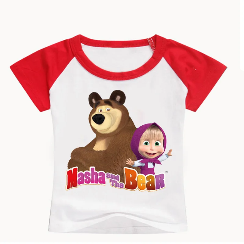 Коллекция года, модная детская футболка с короткими рукавами костюм с принтом «Маша и Медведь» для девочек топы для маленьких мальчиков и девочек, футболка для девочек