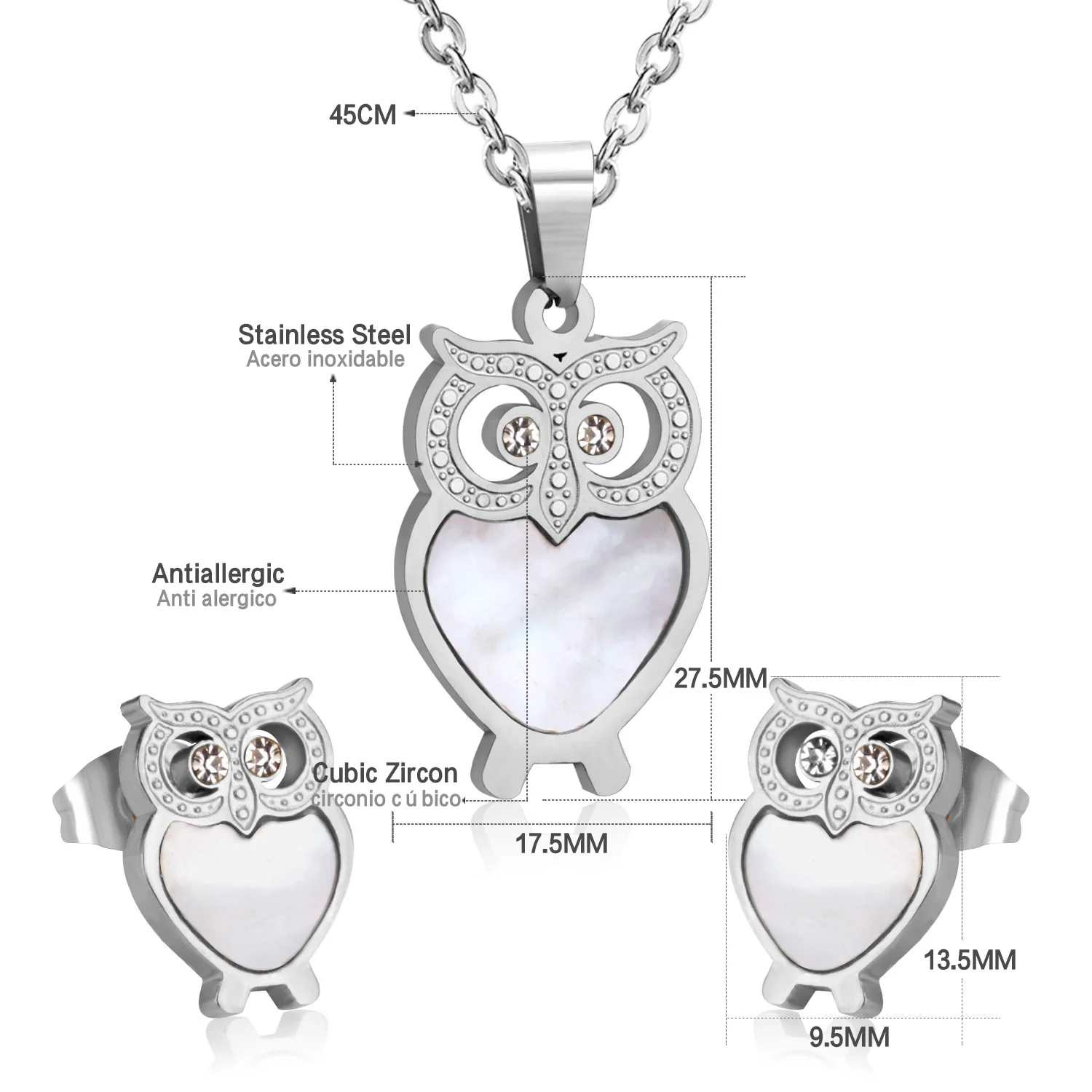 Комплект из колье и серёг LUXUSTEEL нержавеющей стали симпатичная подвеска с совой