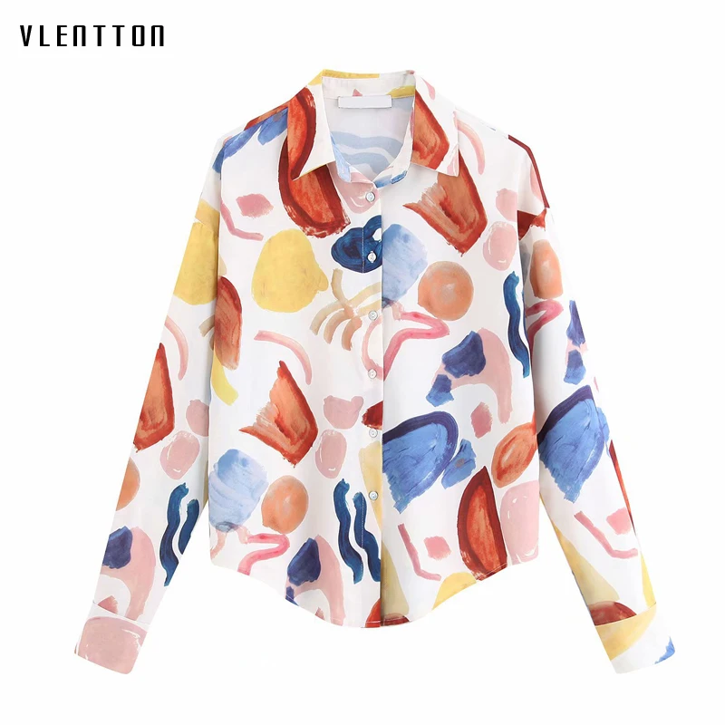 

2019 Vintage Chiffon Women's Blouse Shirt Button Turn-down Collar Long Sleeve Graffiti Print Blouses Tops Female Blusas Camisas