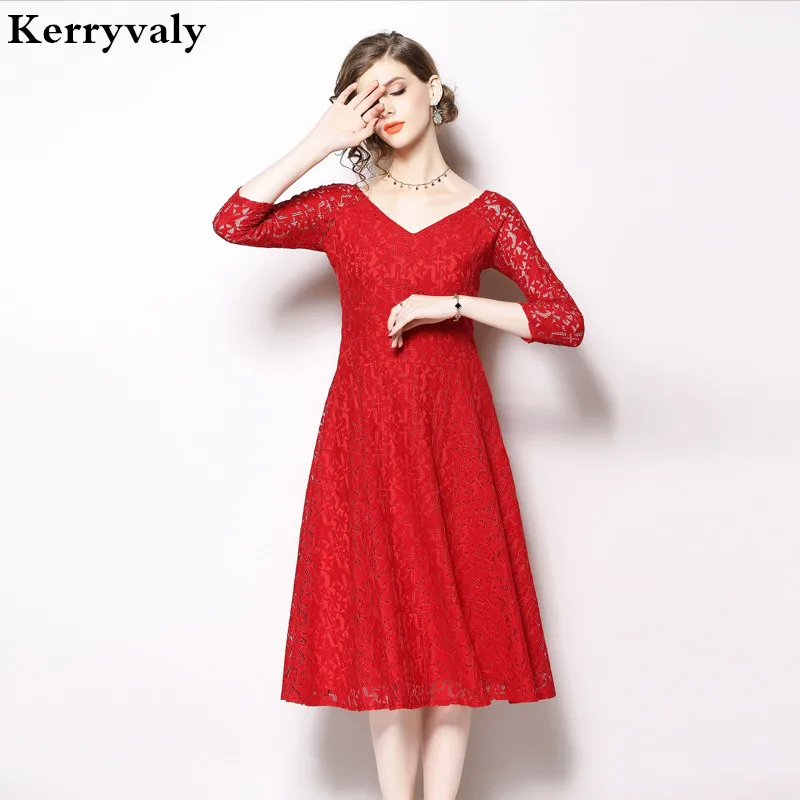 Новогоднее женское Красное Кружевное блестки на Рождество платье vestidos casuales Mujer осенние вечерние платья миди Kleider Damen K9611