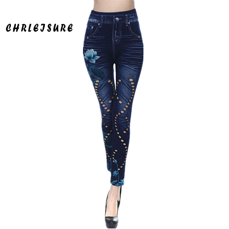 

CHRLEISURE New Woman Fashion Jeans Knitted Print Hole Full-Length Mid Waist Jeans Push Up Hips Slim Jeans Leggings For Women
