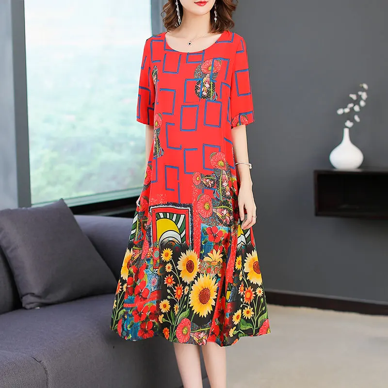 

Vestidos Red Plus Size Elegant Ladies Floral Print Dress Glma Mid Calf Short Sleeve Summer Female Chiffon Dresses O-Neck M-3XL