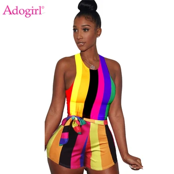 

Adogirl Colorful Rainbow Striped Women Jumpsuit with Sashes Tank Rompers Sleeveless Summer Playsuits Sexy Club Bodysuit Swimwear