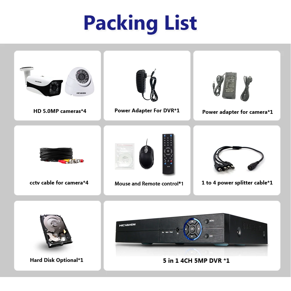 HCVAHDN 5.0MP Security Camera System 5MP CCTV Surveillance Kit 4CH DVR 5MP Video Output 40m Night Vision Camera HDMI P2P Onvif