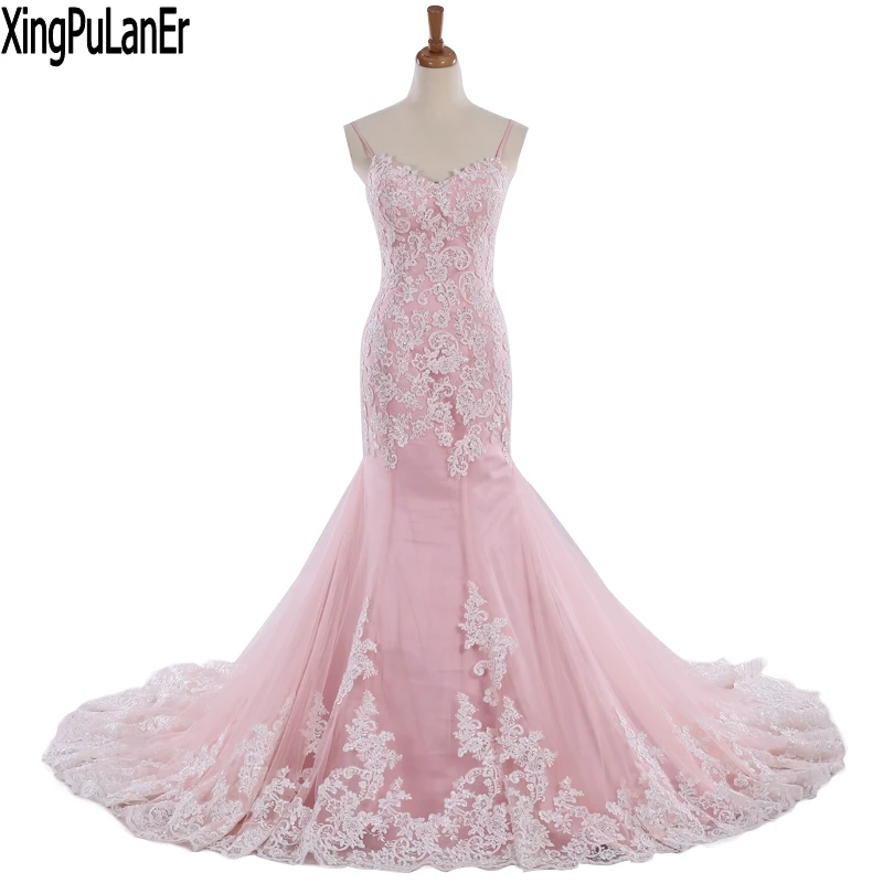Розовый Robe de soiree винтажное платье на бретельках белое кружево аппликации без рукавов на шнуровке сзади розовое вечернее платье - Цвет: Розовый
