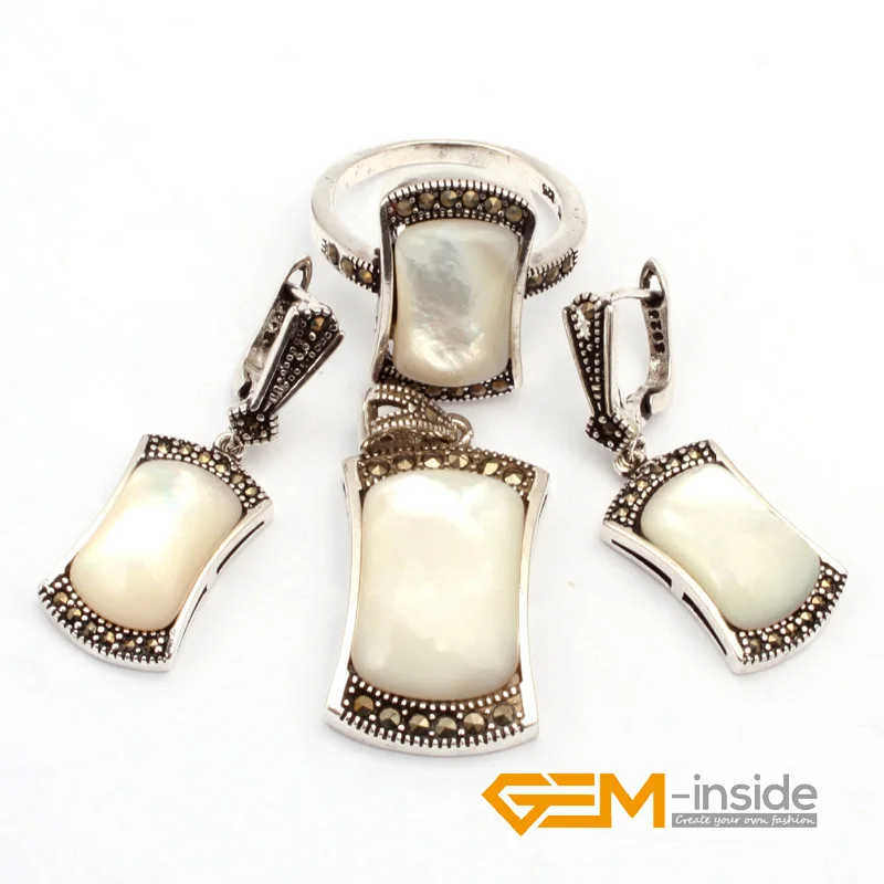 

JewelrySets White Shell Rectangle Antiqued Tibeten Silver Ring Earrings Pendant Fashion Jewelry Set For Party Women Gifts