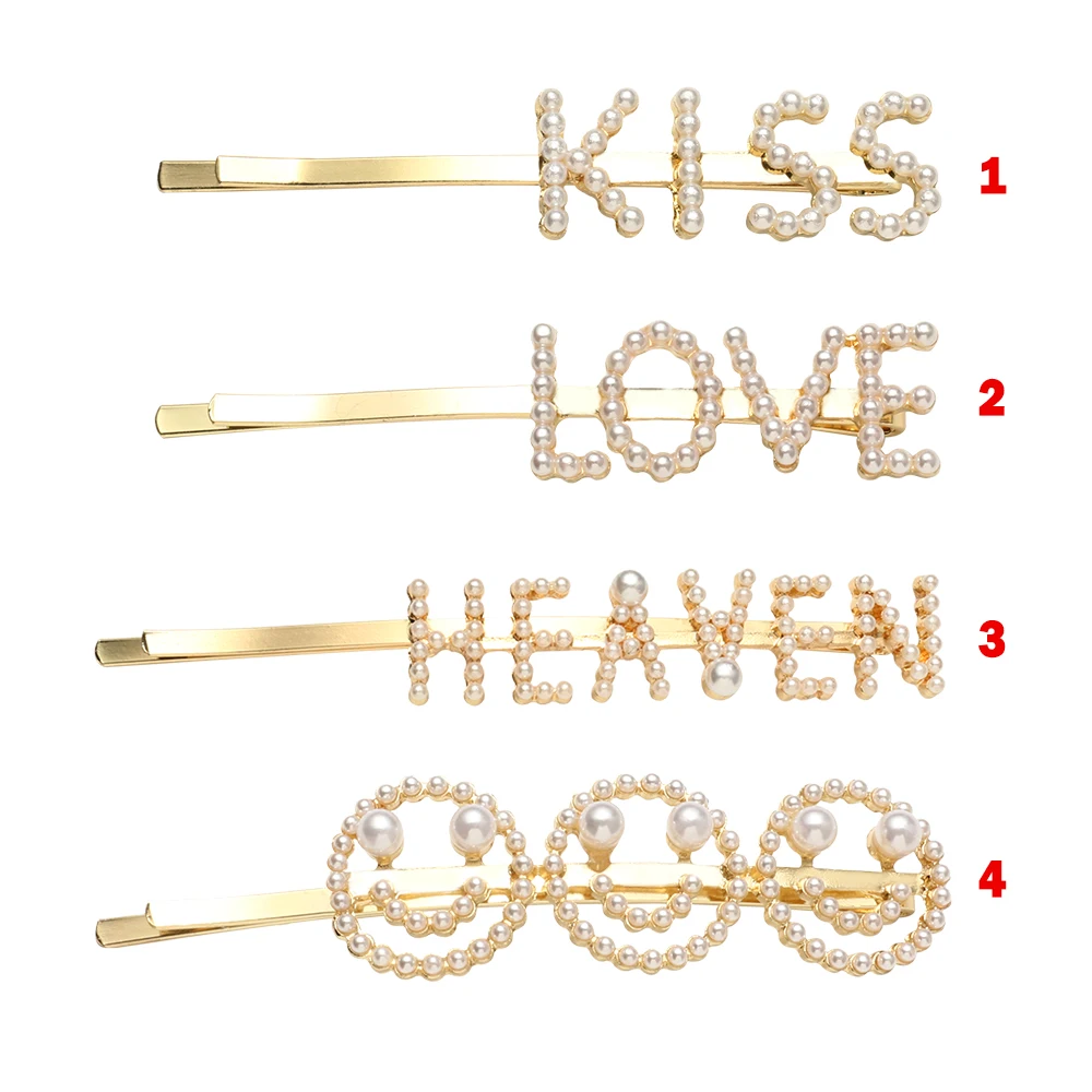 

New Trendy Chic Imitiation Pearl Smily Face Hairpins Women Letter LOVE KISS Metal Gold Letter Hair Clips Hair Accessories