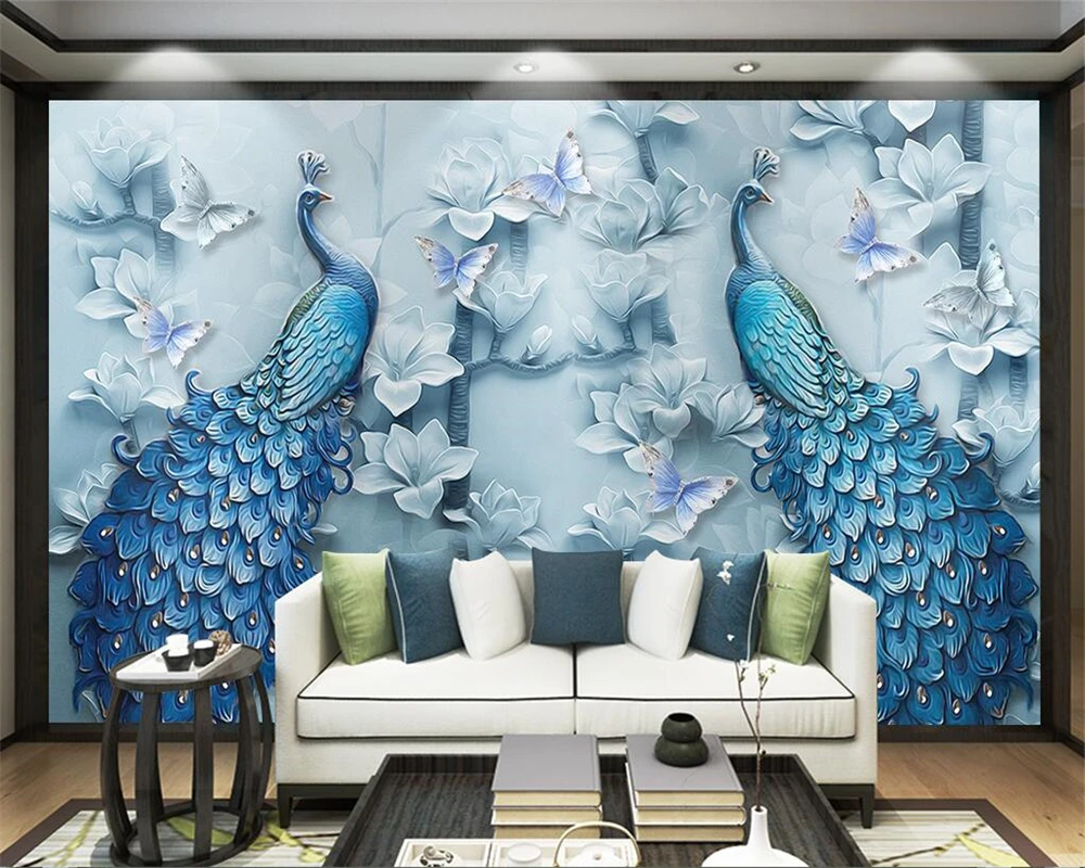 

beibehang Custom Wallpaper Three-dimensional Oil Painting Magnolia Peacock TV Sofa Background Mural 3d wallpaper papel de parede