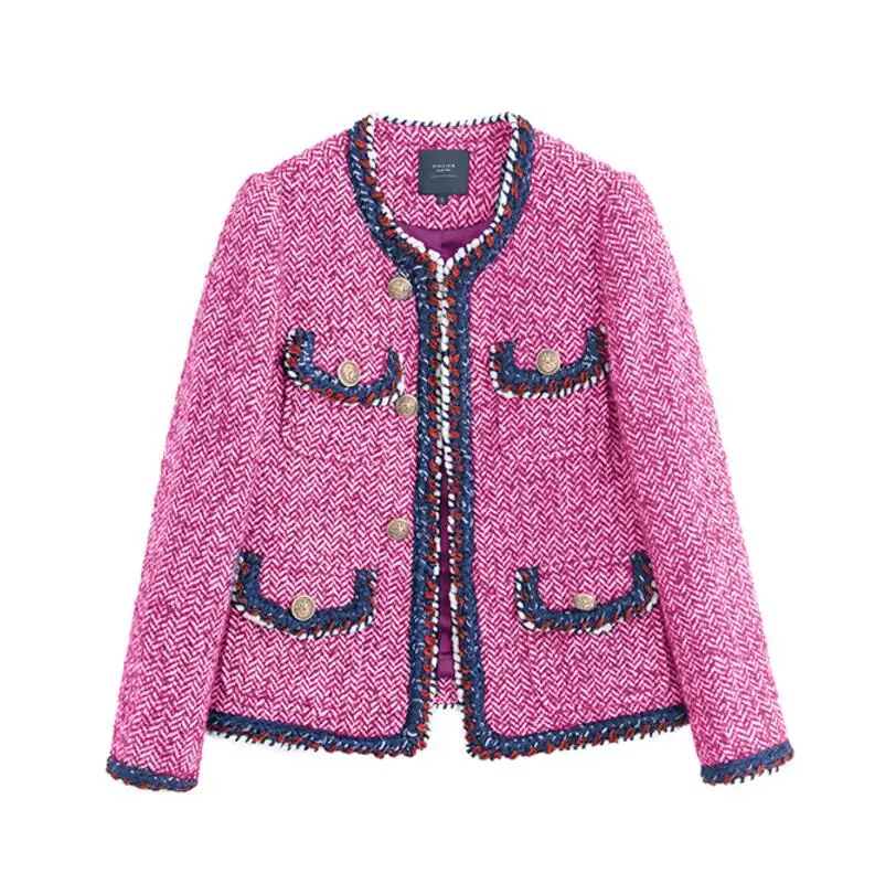 Rose red tweed jacket 2017 autumn women's jacket new long-sleeved hit color ribbon metal buckle jacket Rose red tweed jacket 2017 autumn women's jacket new long-sleeved hit color ribbon metal buckle jacket