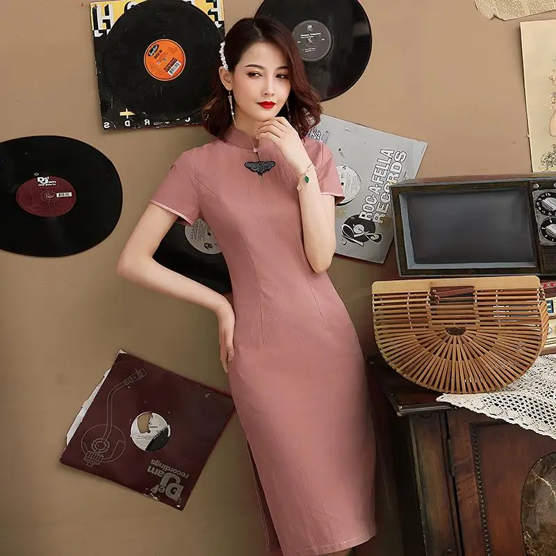 Хлопок Лен короткий рукав китайский Женский Cheongsam сексуальное Элегантное Длинное Платье Лето тонкий Qipao Мандарин Воротник Vestidos - Цвет: Brick red