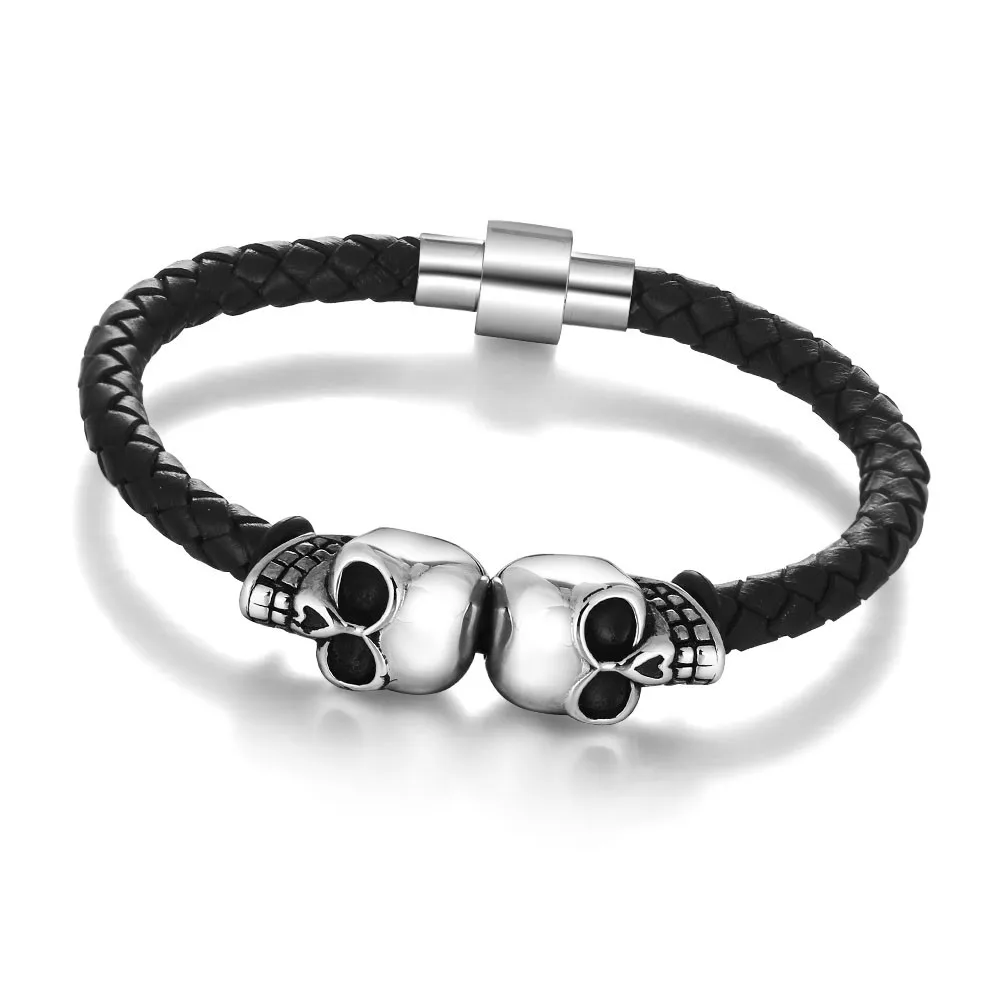 

Genuine Leather Skeleton Stainless Steel Men Bracelets & Bangles Braided Rope Shape Fashion Jewelry New 2017(Silveren BA1284)