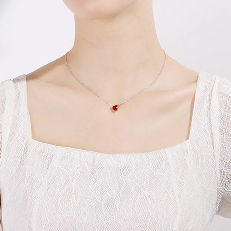 Begua Ringen 925 пробы Серебряное ожерелье Красное в форме сердца ключица цепь Простой Кристалл для женщин Свадебные ювелирные изделия