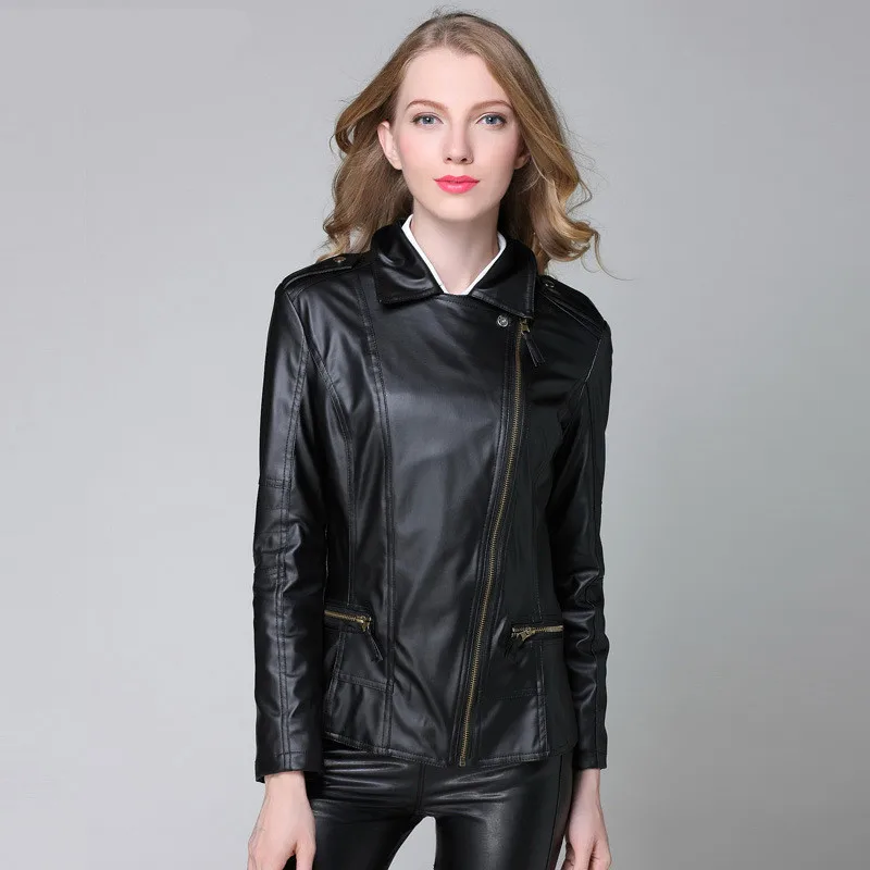 Spring And Autumn New Women's   Europe Slim Women's Leather Lapel PU Leather Motorcycle Jacket Women S- 4XL AS064 (9)