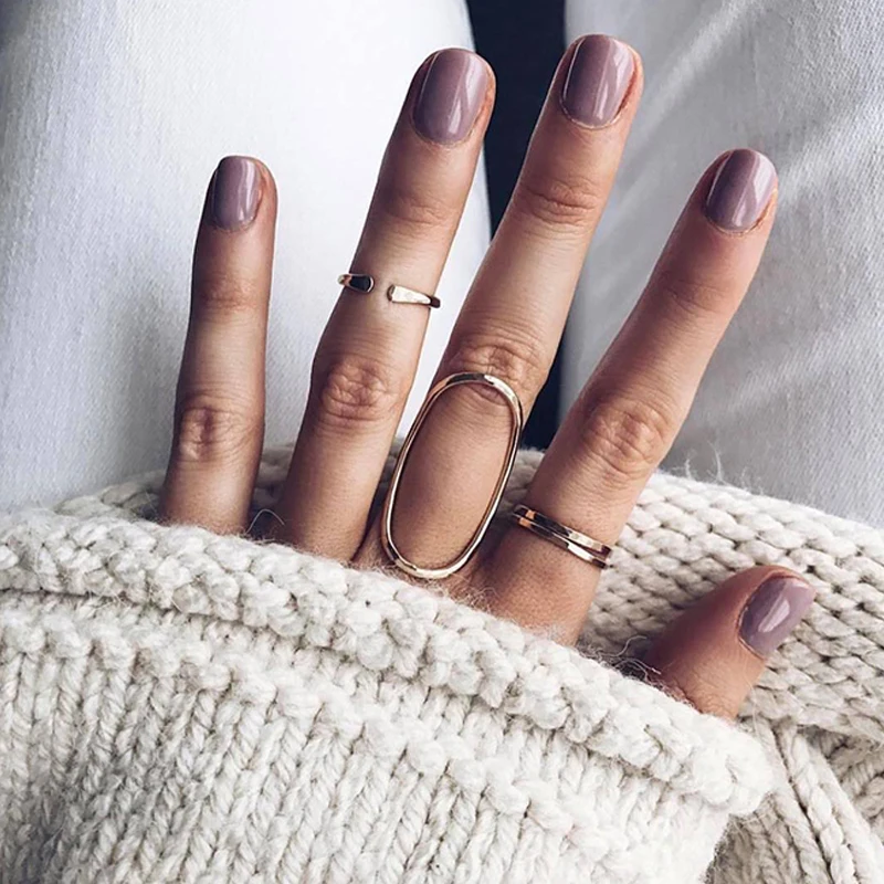 

4 Pcs/ Set Vintage Oval Gold Geometry Hollow Ring Sets For Women Girl Metal Opening Adjustable Ring Fashion Clothing Jewelry