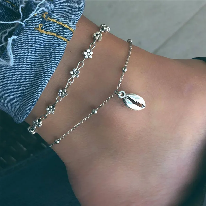 Modyle 2 шт./компл. Винтаж, натуральная основа, цветок, босиком сандалии, вязанные крючком бижутерия для ног два Слои Браслет ножные браслеты для женщин