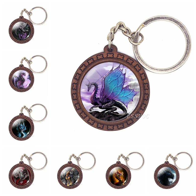 Winged Dragon Keychain Fantasy Medieval Style Jewelry Engraved Wood Key