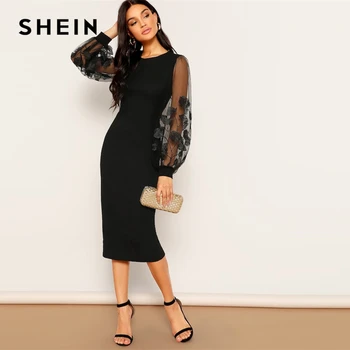 SHEIN Приталенное Платье С Оригинальным Рукавом И Сетчатой Вставкой Эластичные Женские Осенние Платья С Вышивкой