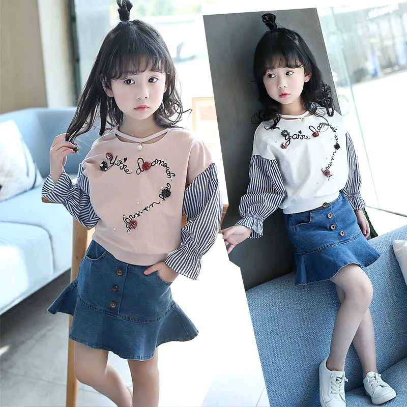 

Spring New Pattern Two Pieces Stripe Skirt Cowboy Short Skirt Kids Clothing Sets
