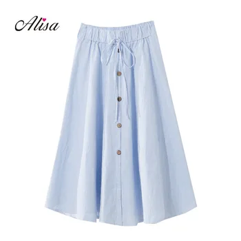 

Womens Long Skirts 2018 New Summer Slim A-line Elastic Waist Stripe Lattice Casual Skirts Ladies Vintage Girls Skirt Femme