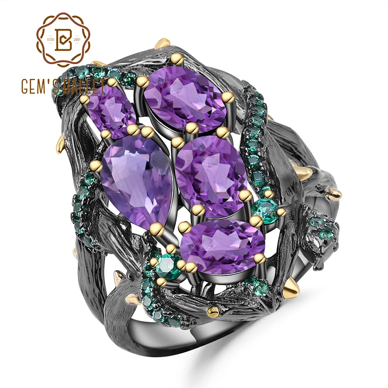 GEM'S BALLET 3.23Ct Natural Amethyst Rings 925 Sterling Silver Handmade Hollow Element Ring for Women Bijoux Fine Jewelry