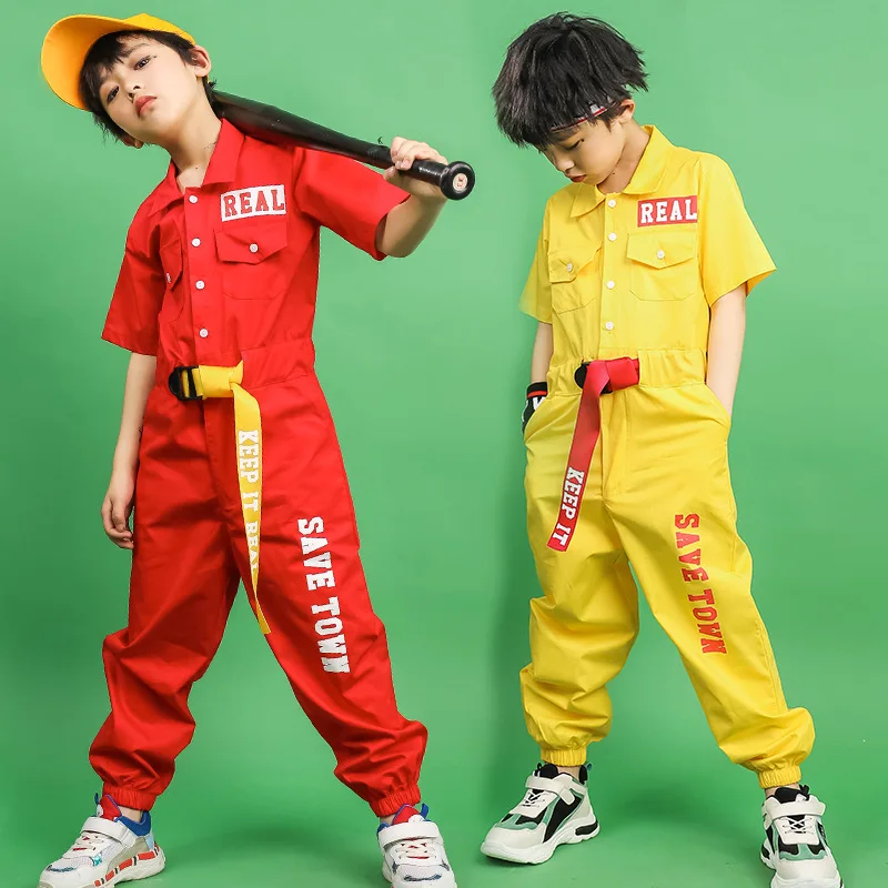 

Childrens Costumes for Dancing Kids Hip Hop Clothing Girls Boys Red Yellow Summer Overall Jumpsuit Stage Jazz Street Dance Wear