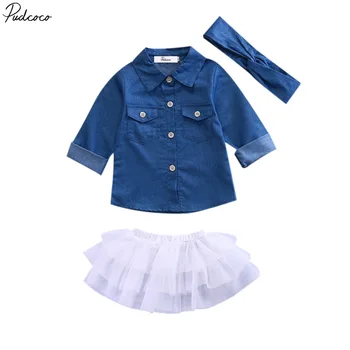 

Helen115 Lovely Kids Baby Girls Full Sleeve Denim Shirt+Ball Gown Skirts+Headband 3pcs Set 0-5Years