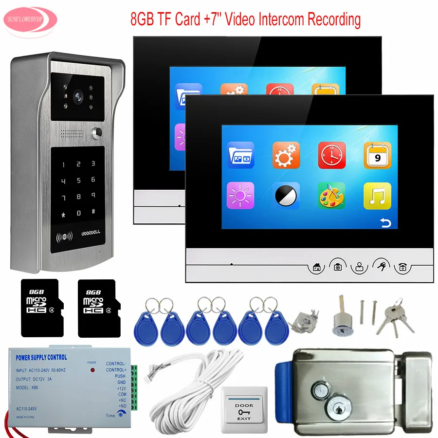 7'' Home With Recording 2 Monitors Touch Button Rfid Password