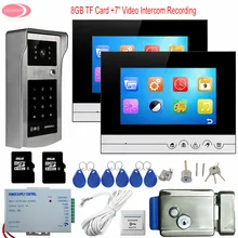 7” Home Intercom With Recording 2 Monitors Touch Button Rfid Password Outdoor Camera Video Intercom System + Electric Lock Kit