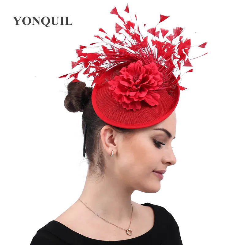 

Red imitation Sinamay Fascinator headwear women Bridal imitation Event Occasion Hat for Kentucky Derby Church Wedding Party Race