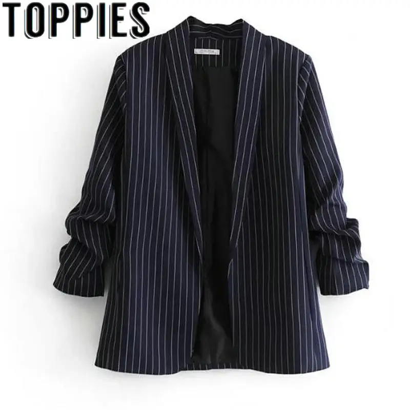 

2019 Spring Women Navy Blue Striped Formal Blazers Office Jackets Slim Elegant Ladies Blazer