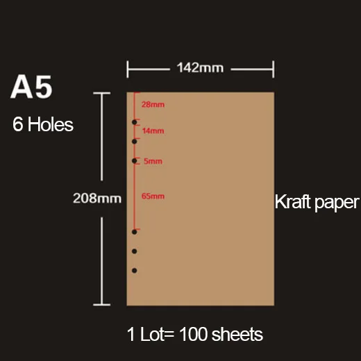 100 листов A4 A5 A6 B5 ядро пустая горизонтальная крафт-бумага клетчатые заправки спиральные блокноты заменить сборщик листового листа бумаги - Цвет: A5K100