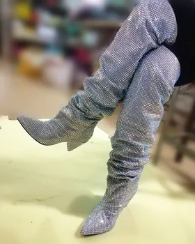 

2018 New Arrival Women Thigh High Boots Full Crystal Pointed Toe Spike Heel Over the Knee Winter Autumn Rhinestone Boots