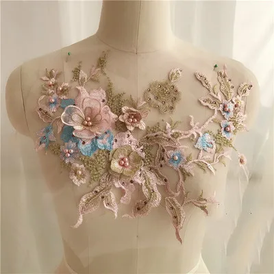Pink blue gold 1 шт. кружевные нашивки Свадебный цветной бисер вышитые наклейки одежда свадебное платье Декор Утюг на шитье аппликация поставщиков - Цвет: Pink blue gold