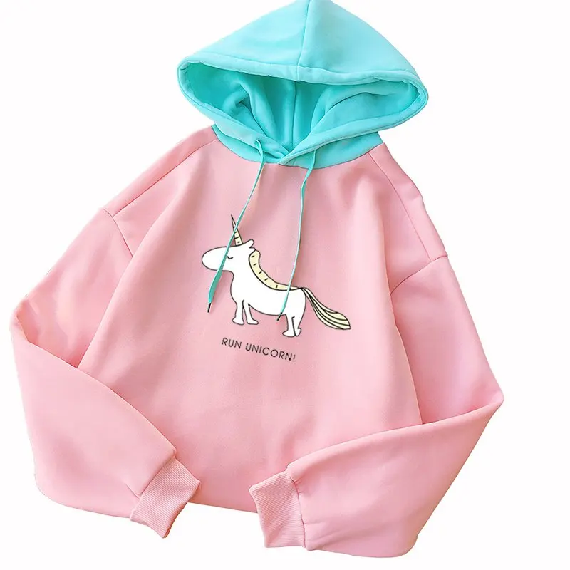 

Kpop Kawaii Unicorn Print Hooded Autumn Winter New Fashion Women Casual Long Sleeve Harajuku Fleece Patchwork Hoodie Sweatshirt